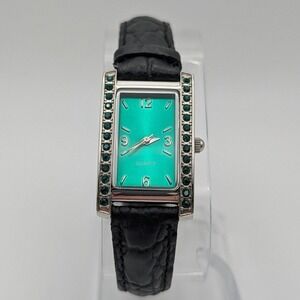 Emerald Green Rectangular Crystal‎ Bezel Watch Black Leather Strap Runs